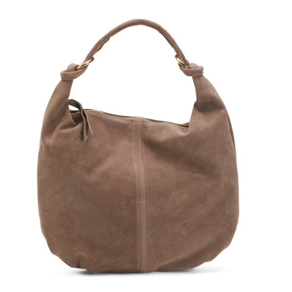 MARLON Taupe Made In Italy Suede Hobo With Ring Handle Details